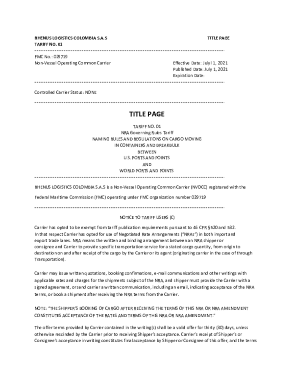 Tariff title page